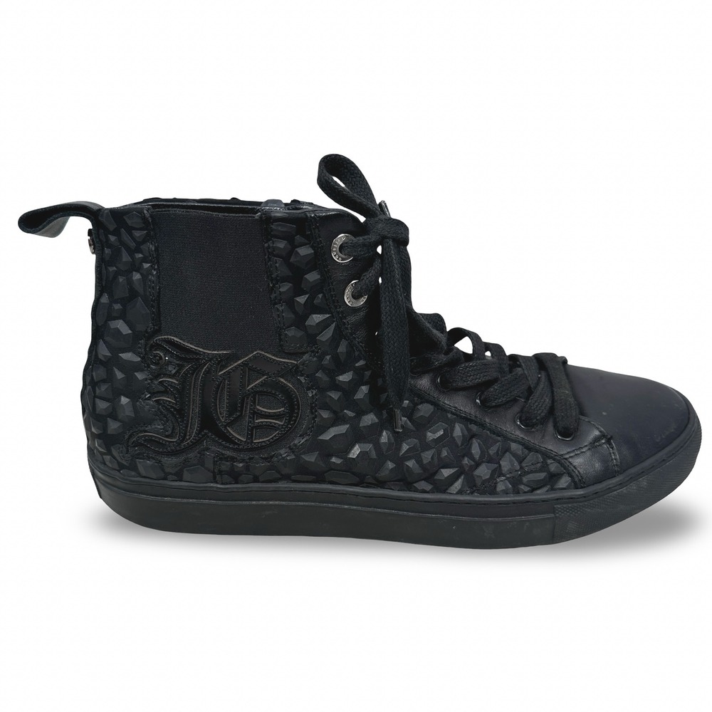 John Galliano Mens Black Leather Studded High Top Sneakers Size 44 JG Monogram